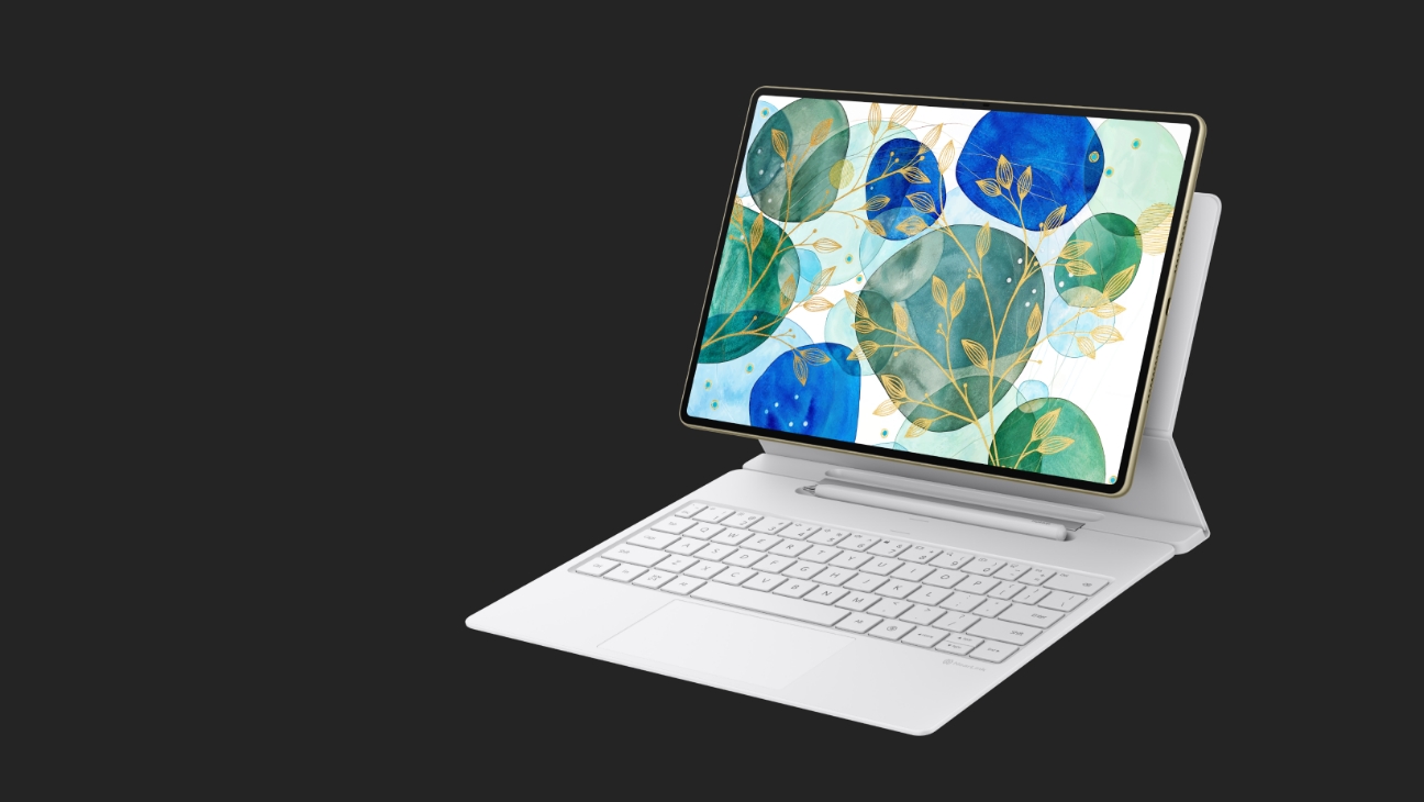 Demonstrate the 2-in-1 Stylus & Keyboard Storage through a side view image of a tablet with a keyboard