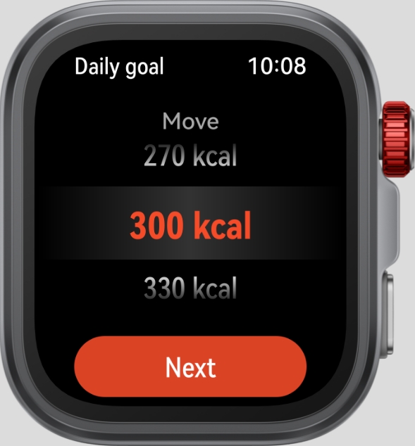 Set goals for burnt calories,exercise time and active hours