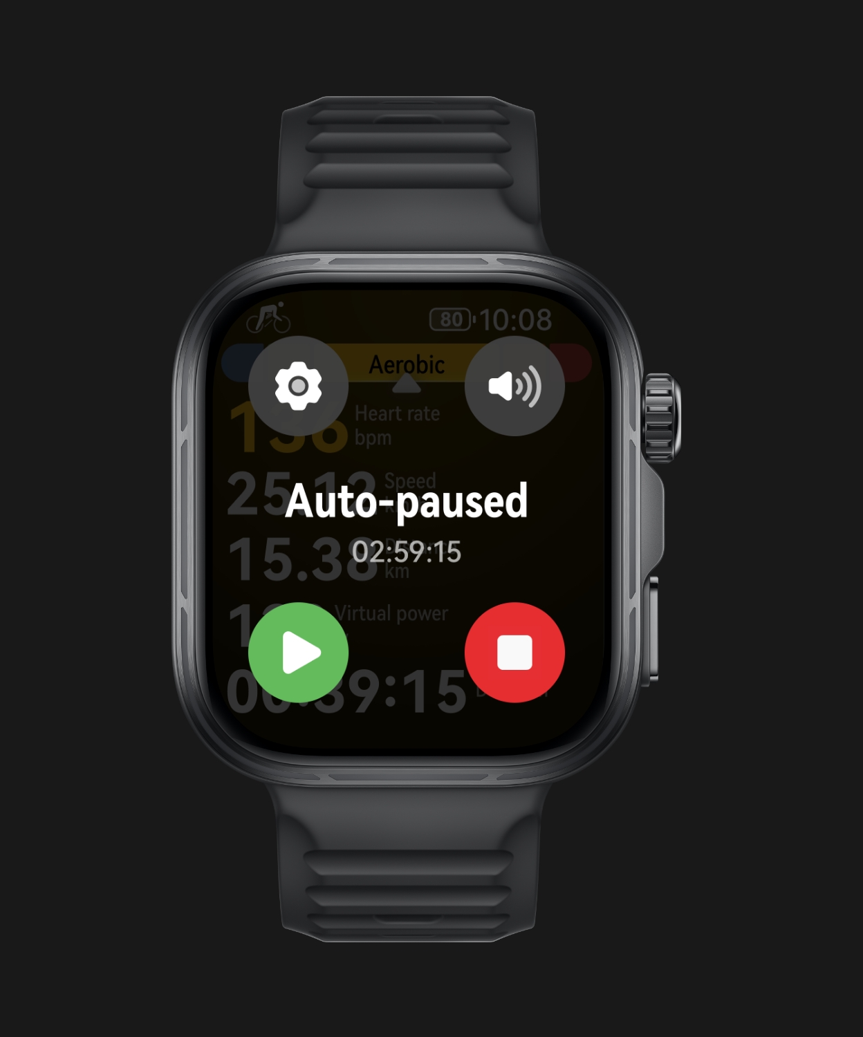 HUAWEI WATCH FIT 5 Pro screen showing auto-detection of paused state during cycling