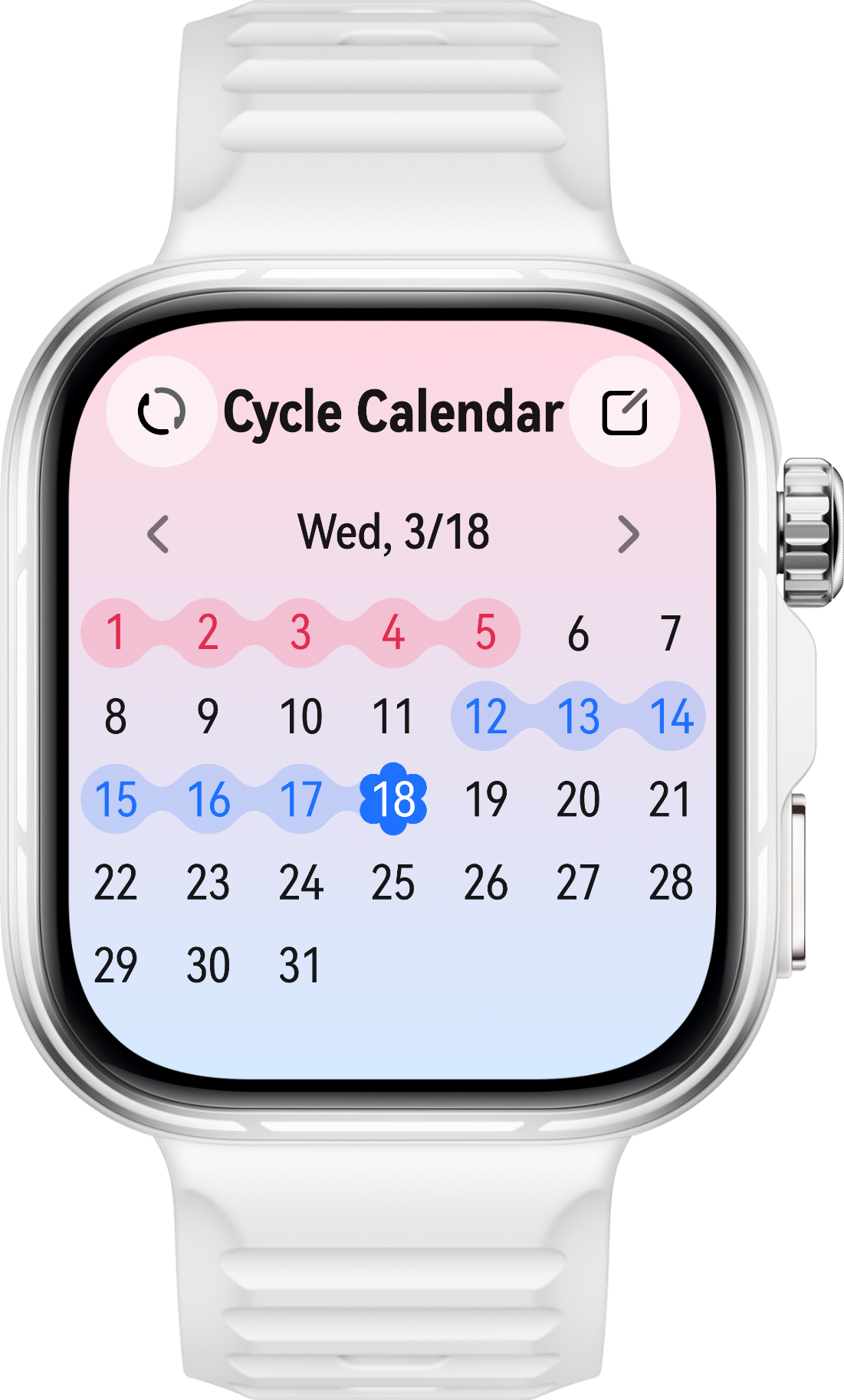 HUAWEI WATCH FIT 5 Pro screen with women's menstrual cycle calendar, showing women's health tracking feature