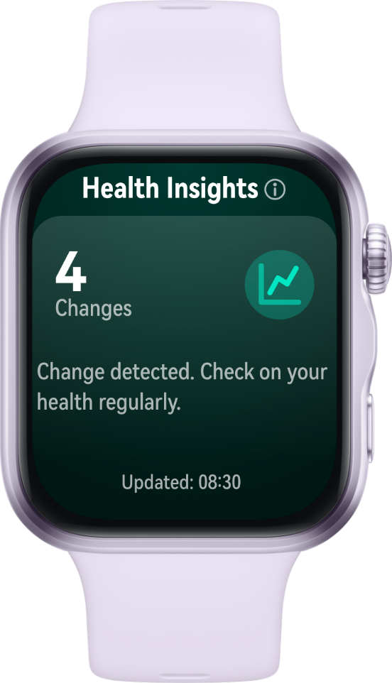 HUAWEI WATCH FIT 5 screen showing health insights with stress, exercise duration, and sleep score