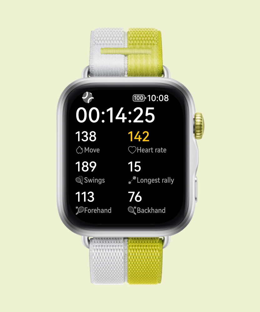 HUAWEI WATCH FIT 5 front view, showing Tennis app integration for data tracking