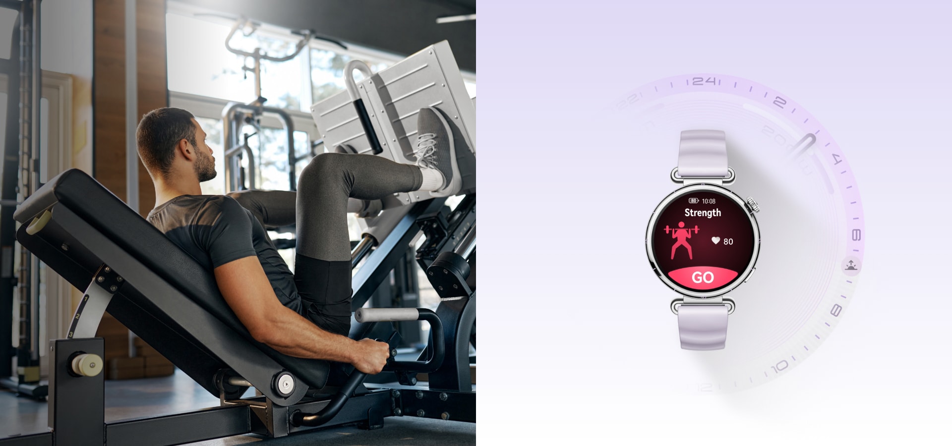A user wearing HUAWEI WATCH GT 6 is working out indoors, and the watch displays the fitness workout start interface