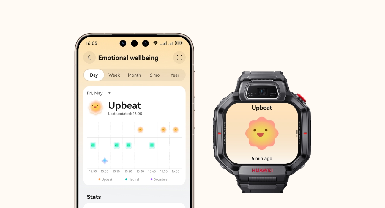 The mobile phone displays an emotional health interface, and the watch displays happy emotions, showing the emotional monitoring function of HUAWEI WATCH KIDS X1 Pro