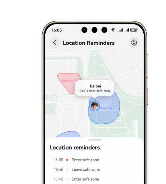 The mobile phone interface displays the child's activity trajectory, showing the safe zone protection function of HUAWEI WATCH KIDS X1 Pro