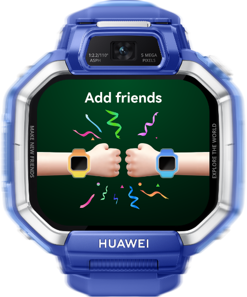 Front views of two HUAWEI WATCH KIDS X1 show the shake hand to add friends feature