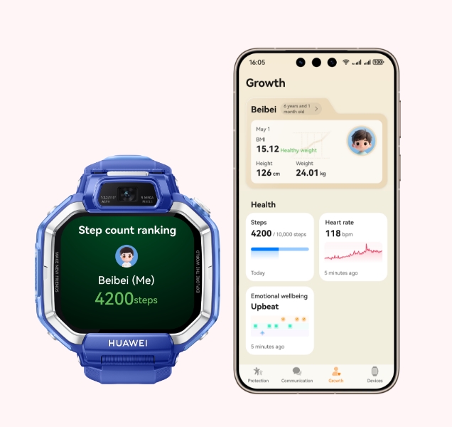 The Growth interface diagram of the mobile phone, and the front view of HUAWEI WATCH KIDS X1, showing the sports functions