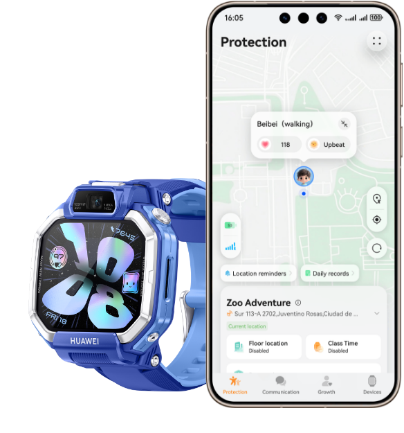 The mobile phone interface displays the child's activity trajectory, showing the real-time activity status function of HUAWEI WATCH KIDS X1