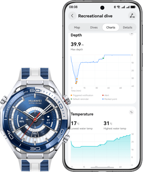Post-dive sharing through the HUAWEI WATCH Ultimate 2, with options like viewing historical messages and sharing diving data