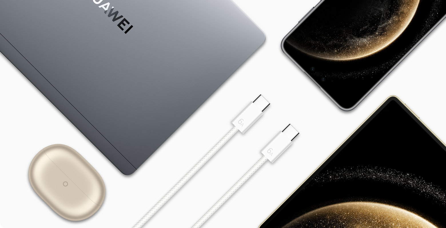 The HUAWEI Woven Charge Cable (Max 120 W) is placed on a desktop, surrounded by a HUAWEI laptop, smartphone, MatePad andearphones, showing its wide compatibility