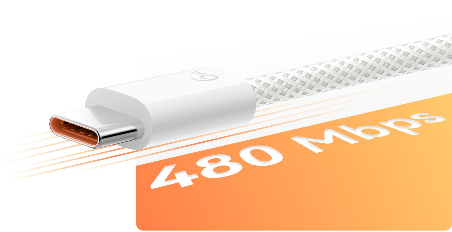Side view of HUAWEI Woven Charge Cable (Max 120 W), highlighting its anti-interference performance and efficient data transmission