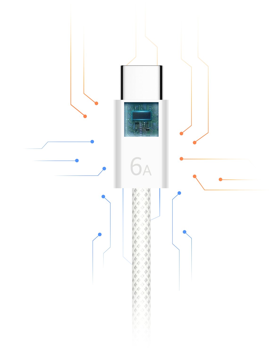 Close-up of the E-Marker chip on HUAWEI Woven Charge Cable (Max 120 W), showing its secure fast charging performance