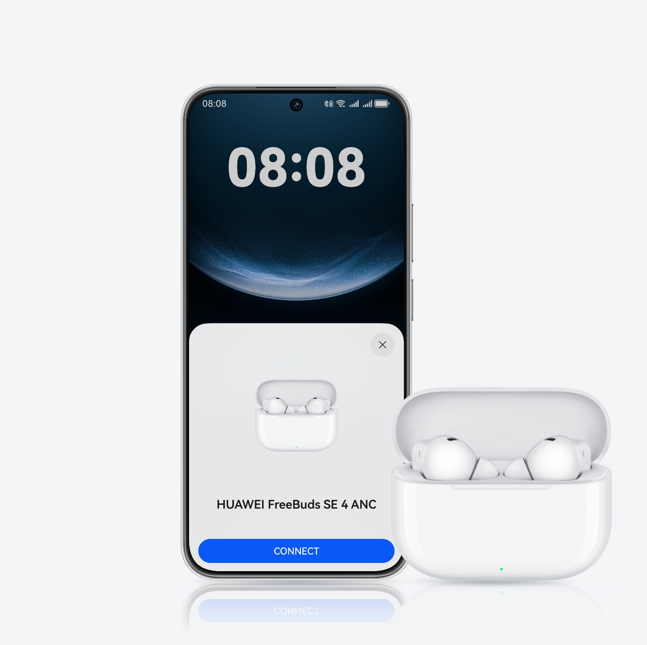 Shows the connection of HUAWEI FreeBuds SE 4 ANC to the phone with the charging case open