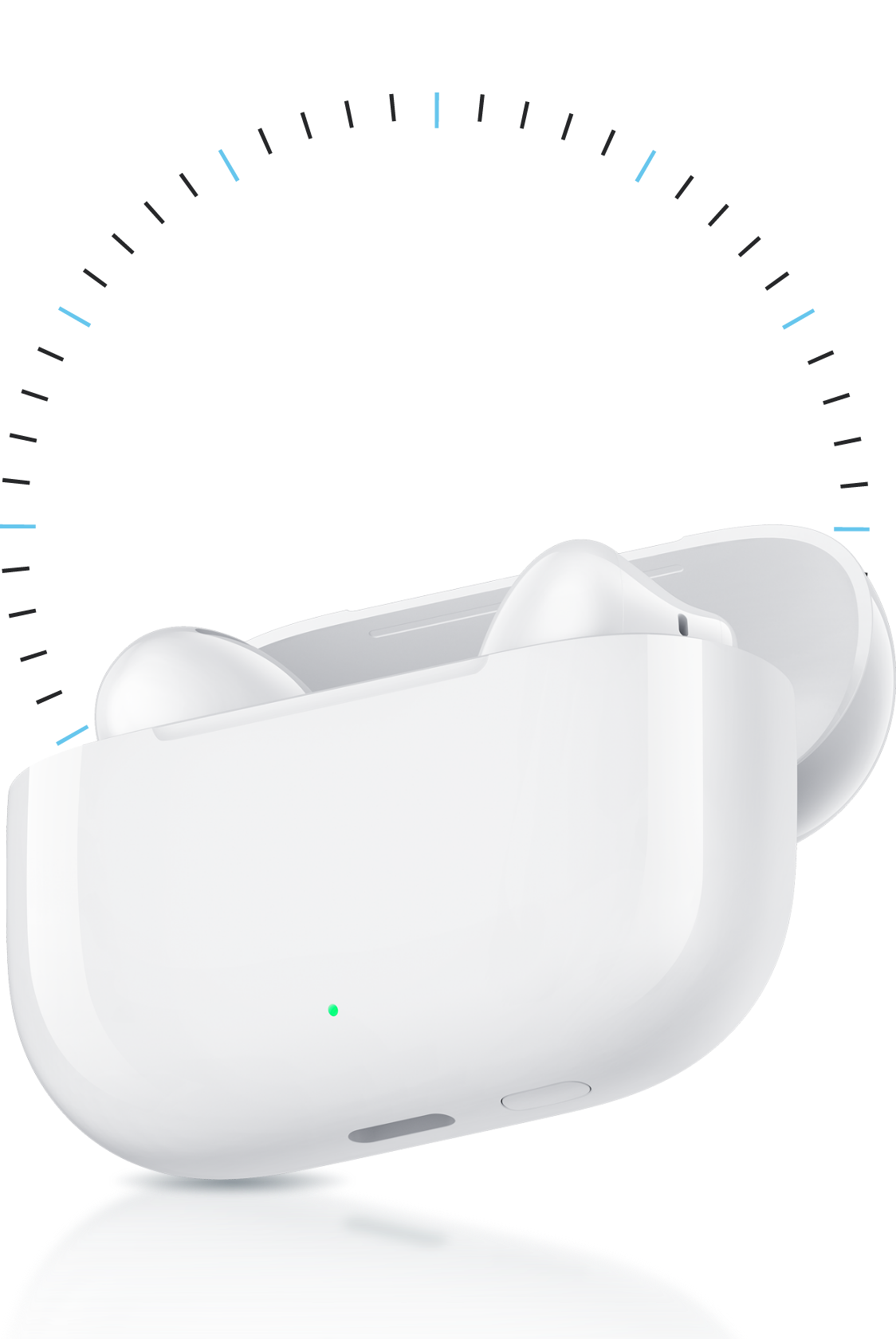 Shows the long battery life of HUAWEI FreeBuds SE 4 with the charging case open and the earbuds inside