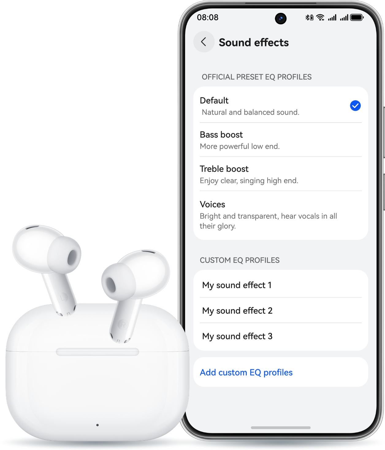 Shows the four preset EQ modes and EQ customisation of HUAWEI FreeBuds SE 4 ANC with the earbuds outside the charging case