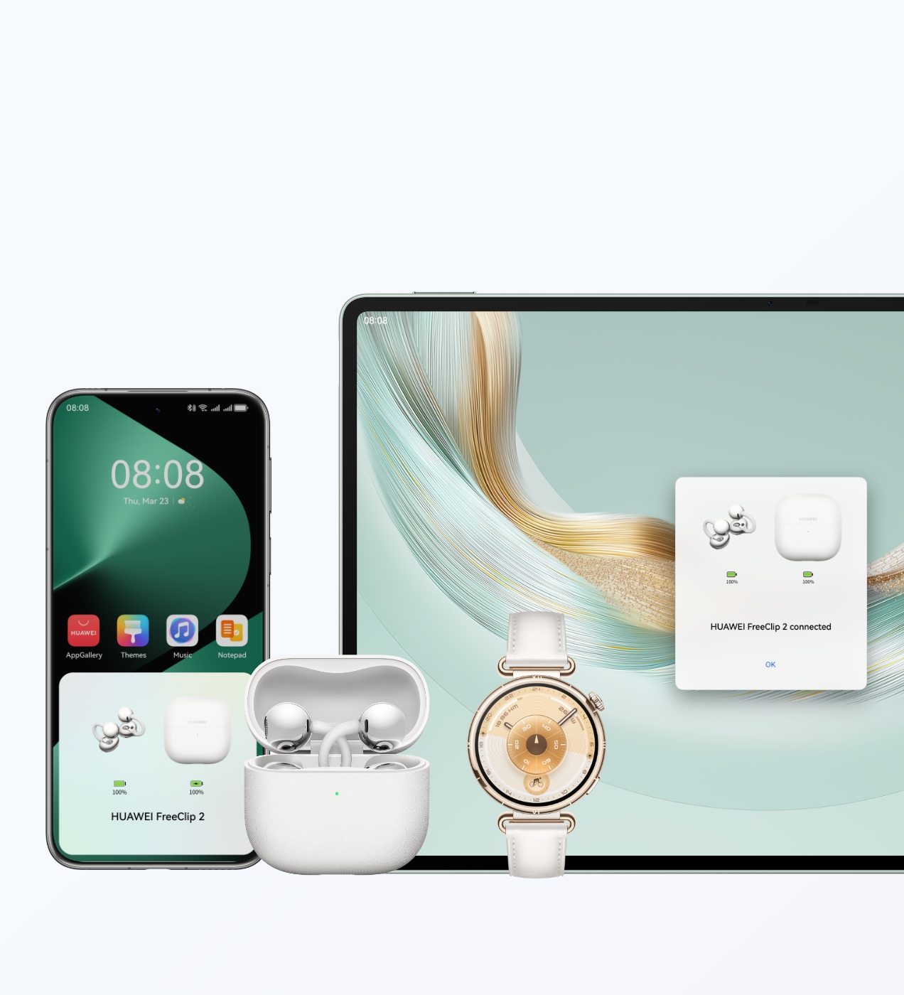 HUAWEI FreeClip 2, HUAWEI MatePad Pro 12.2，HUAWEI Pura 80 Pro, HUAWEI WATCH GT6 front views, display the dual-device connections