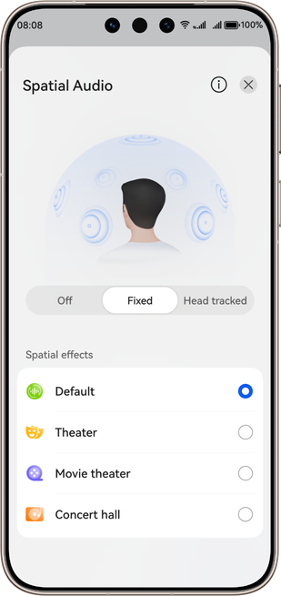 A man wearing Huawei earphones, showing selectable spatial effects on Huawei Audio Connect 