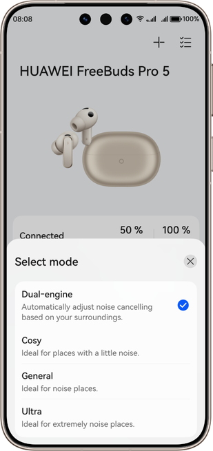 A man wearing Huawei earphones, showing multiple noise reduction modes on Huawei Audio Connect