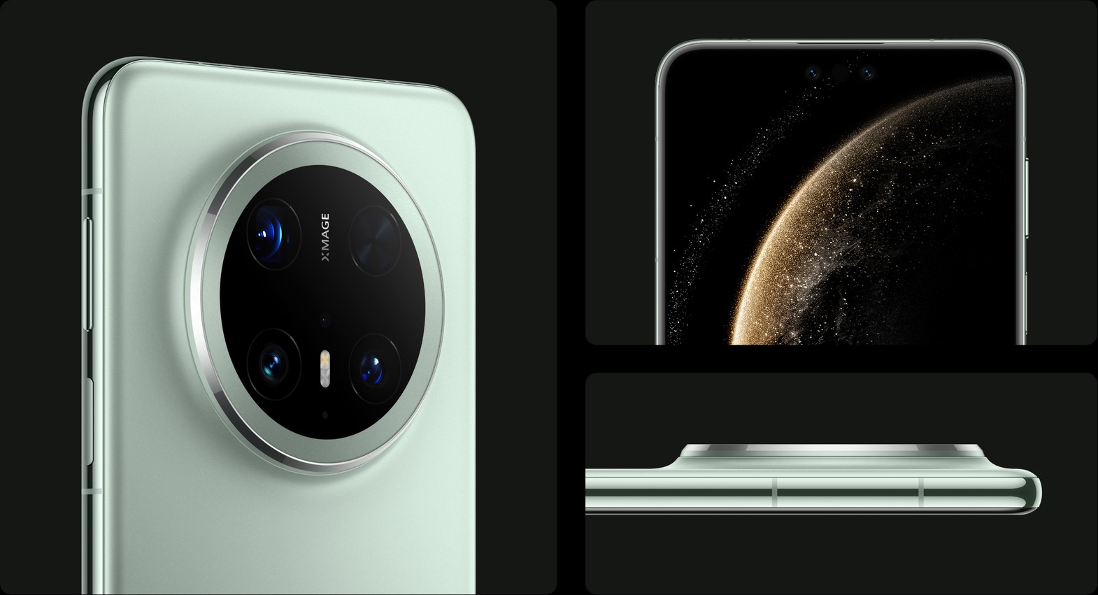 Back, left, and side views of HUAWEI Mate 70 Pro Green versions