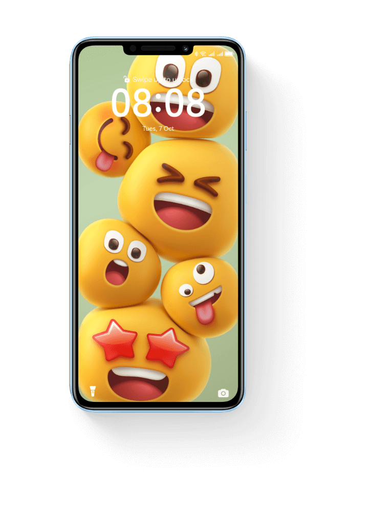 HUAWEI nova 14i front view with emoji theme wallpaper, show the interaction of EMUI 14.2