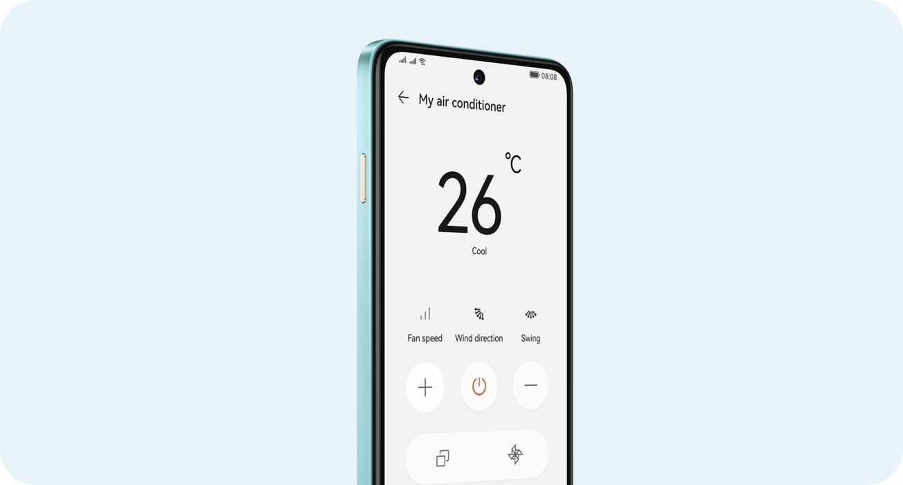 Huawei nova Y73 screen displays the air conditioning adjustment panel, showing the X button smart remote control function