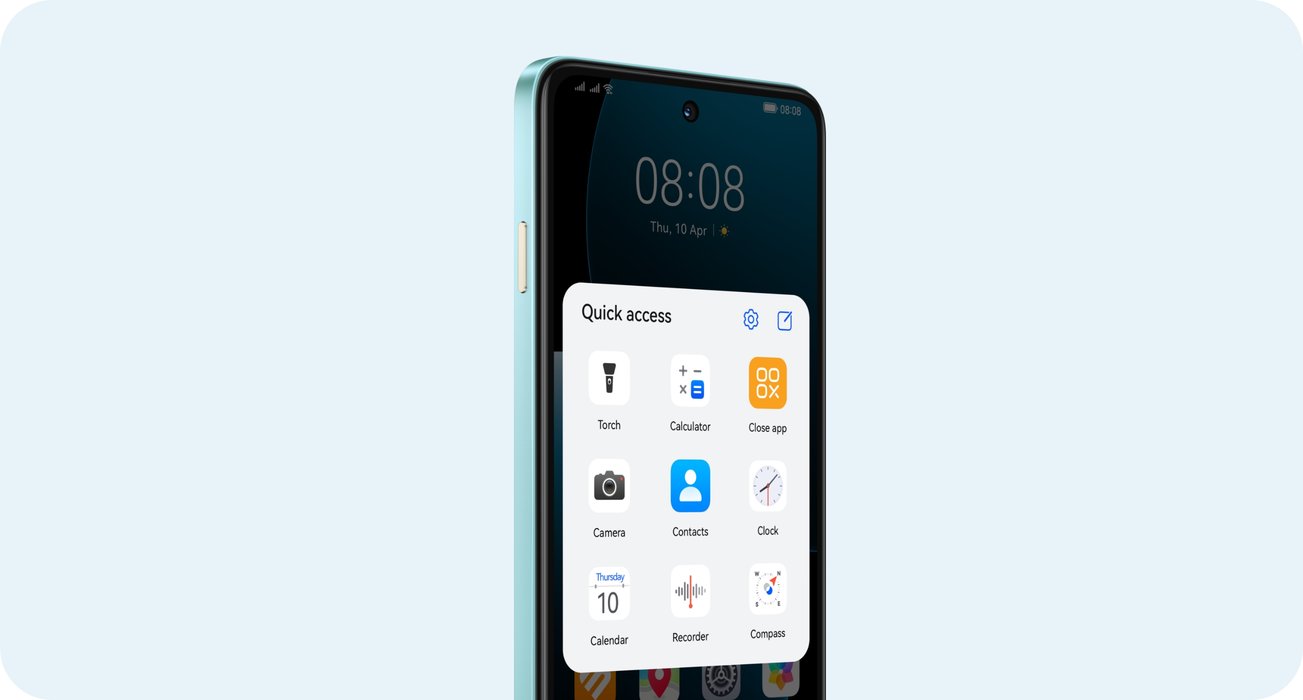 Huawei nova Y73 screen displays a frequently-used app grid, showing the X button instant widgets function
