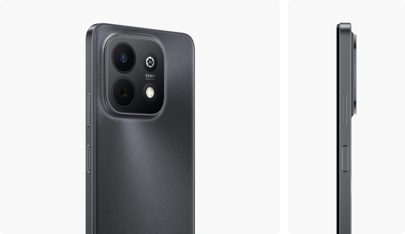 HUAWEI nova Y74 black back and side view, showing the slim, flat, and unibody design