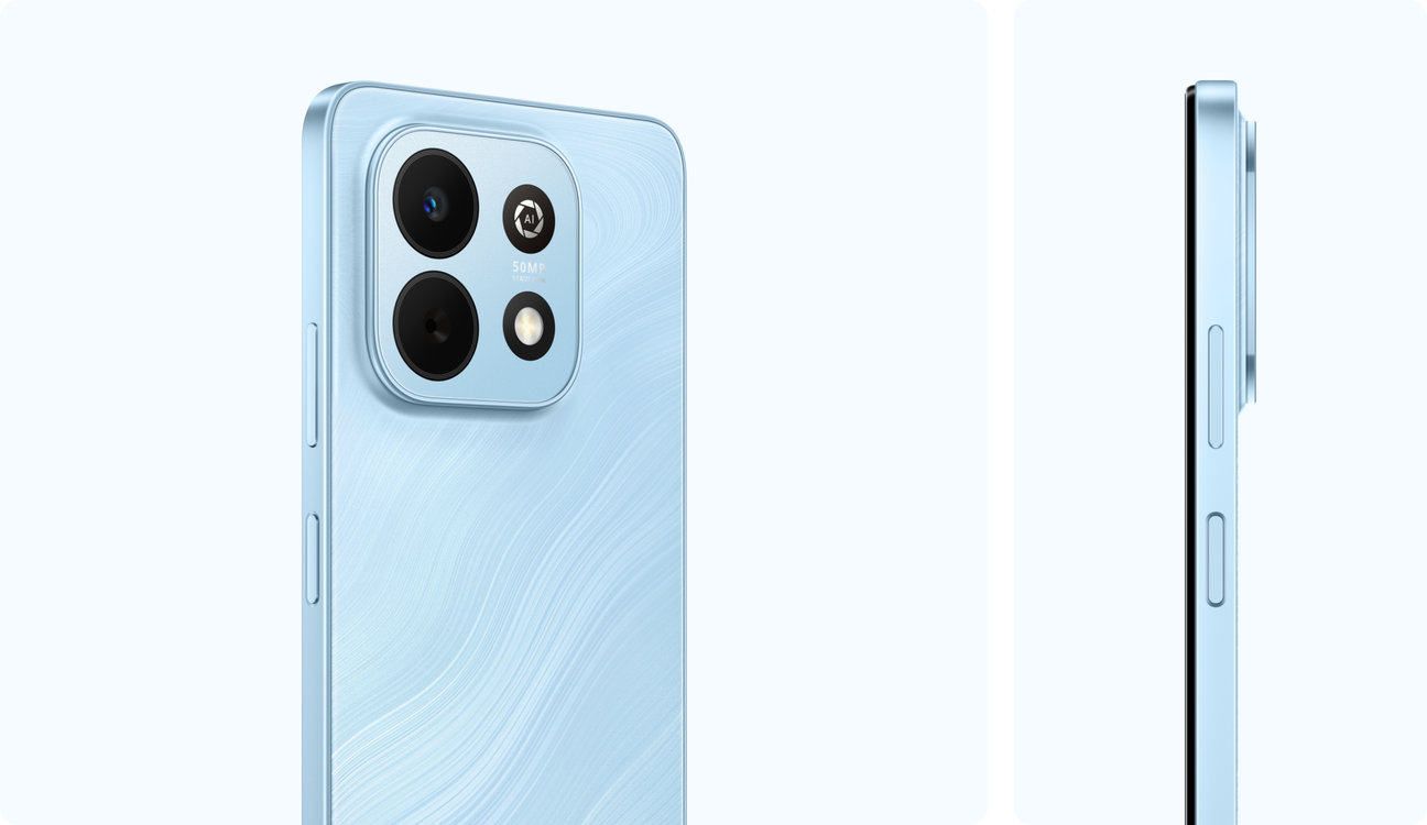 HUAWEI nova Y74 blue back and side view, showing the slim, flat, and unibody design