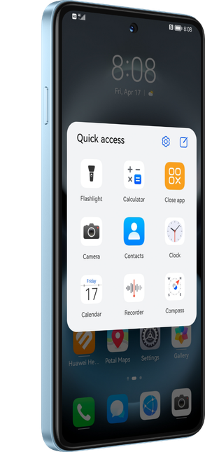 Huawei nova Y74 screen displays a frequently-used app grid, showing the X button instant widgets function