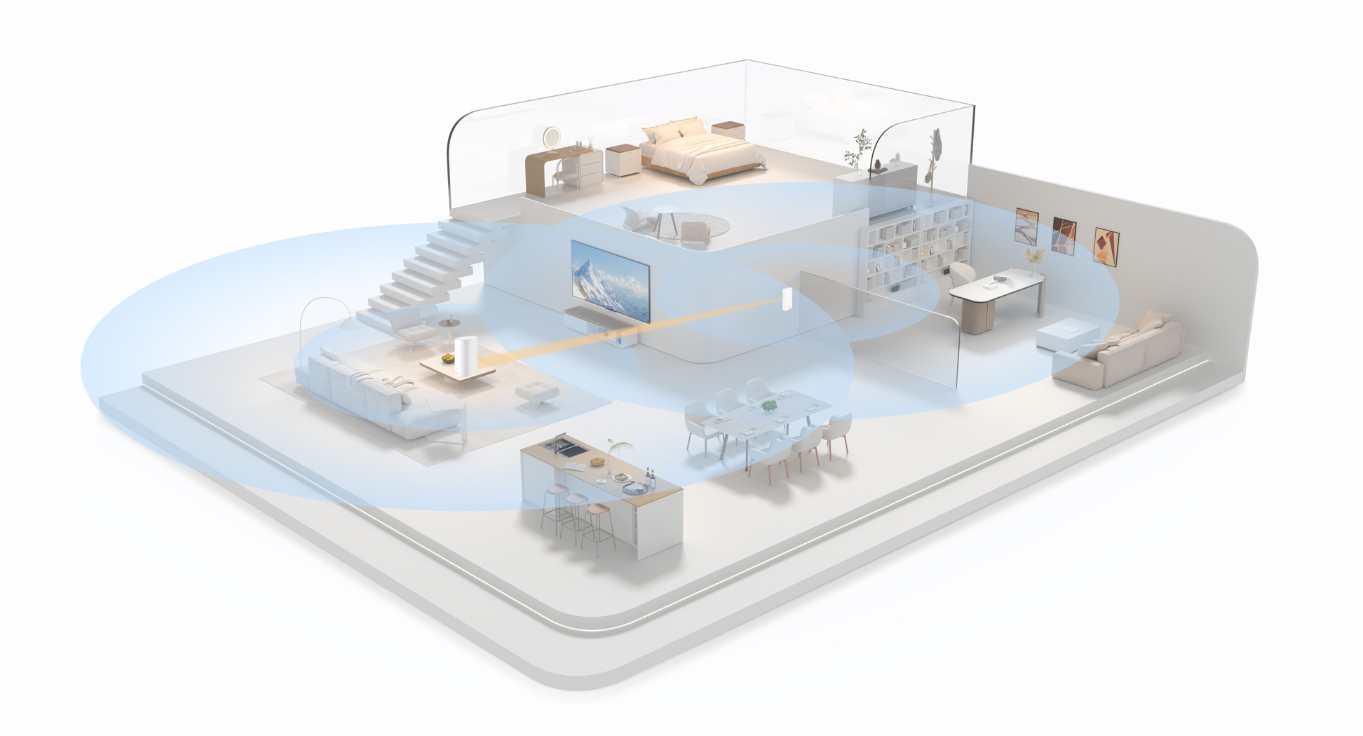 A rendered image of HUAWEI WiFi Extender AX3000 in a home setting, demonstrating its broad compatibility