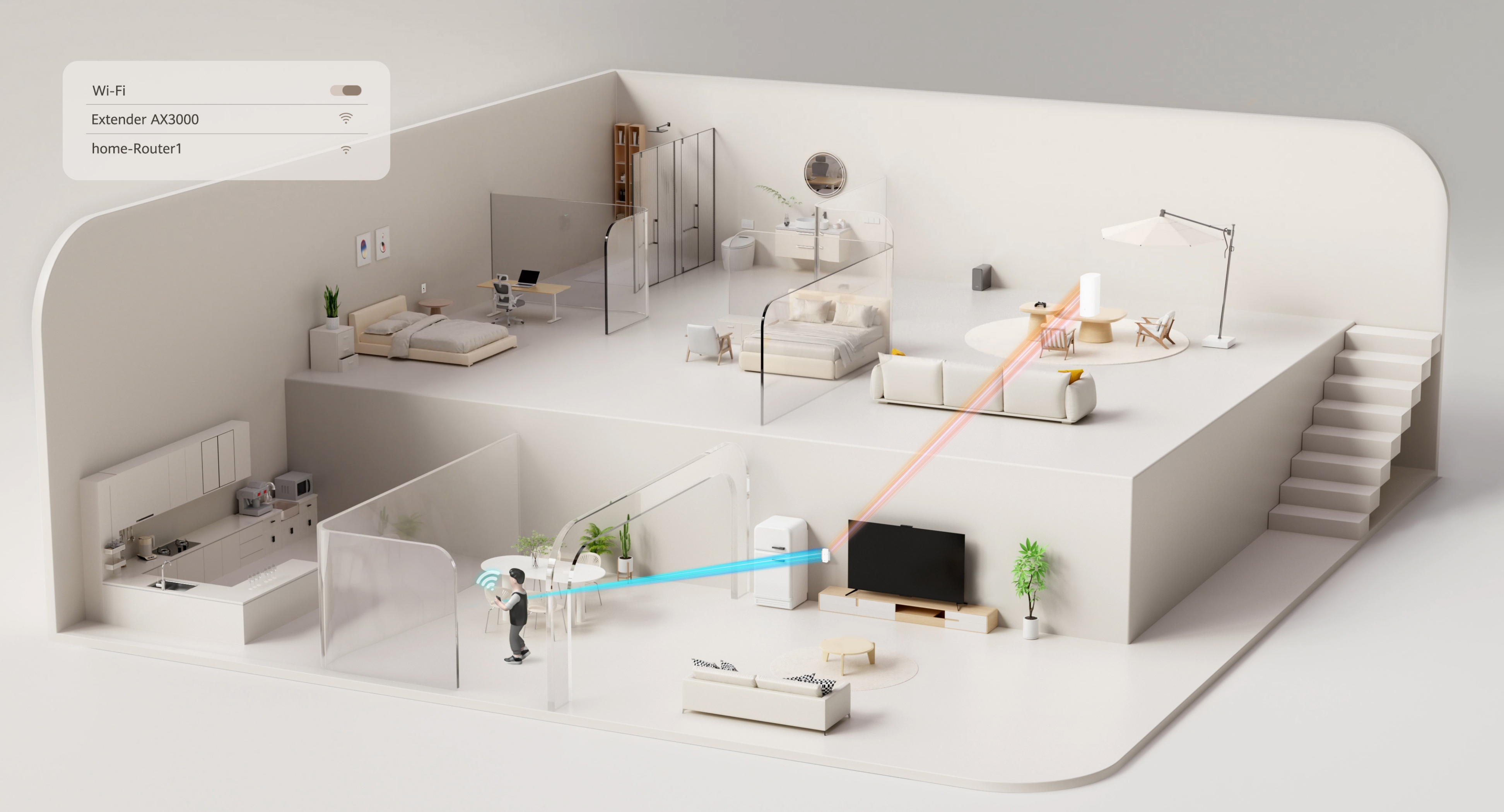 A rendered image of HUAWEI WiFi Extender AX3000 in a home setting, demonstrating its signal extension capability