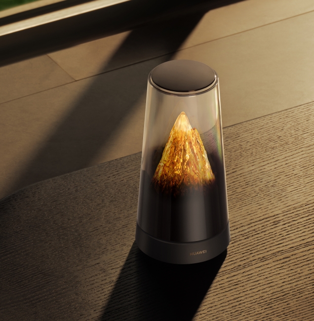 Displays the HUAWEI WiFi Mesh X3 Pro on a wood-grain tabletop, demonstrating its versatility in complementing various home decor styles.