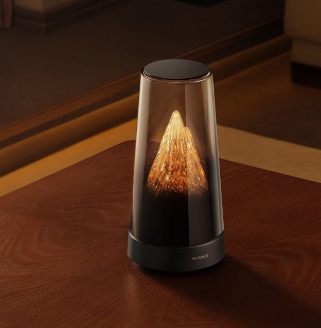 Displays the HUAWEI WiFi Mesh X3 Pro on a brown wood-grain tabletop, demonstrating its versatility in complementing various home decor styles.