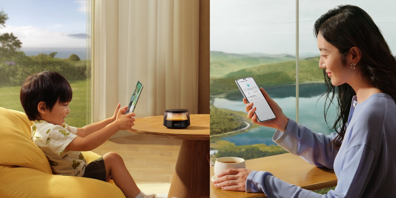 Displays a mother checking the child's Internet usage on her phone, demonstrating the HUAWEI WiFi Mesh X3 Pro's smart filtering capabilities that help safeguard children's online activities.