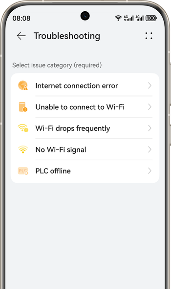 Displays the troubleshooting screen of the phone, demonstrating the app-based professional troubleshooting feature of the HUAWEI WiFi Mesh X3 Pro.