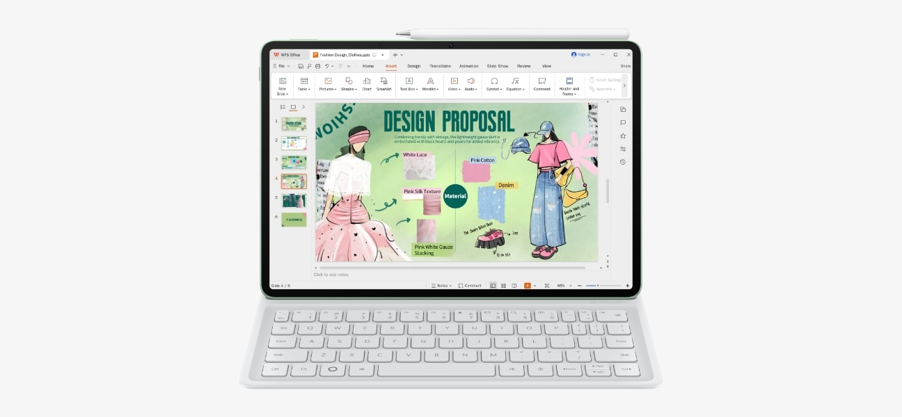 HUAWEI MatePad 11.5 S 2026 with WPS Office interface, demonstrating the tablet's capability for convenient presentation creation