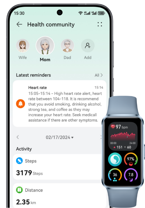 The phone interface displays family members' health data, while the blue HUAWEI Band 10 shows related health data, highlighting the device's Family Space feature