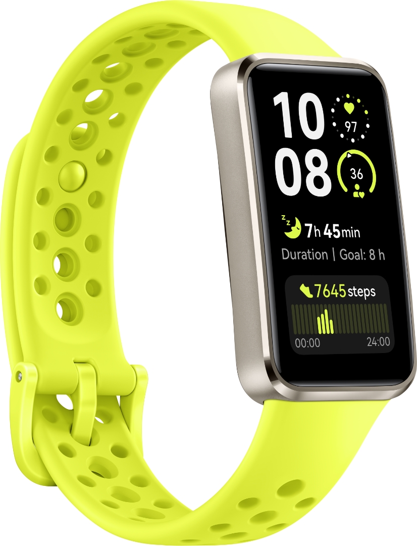 Side view carousel of HUAWEI Band 10, highlighting its colors and materials