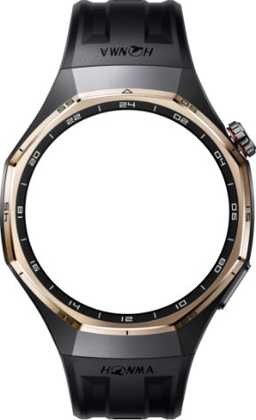 The front view of HONMA × HUAWEI WATCH GT 6 Pro shows that the watch can take a snapshot by pressing the up and down buttons