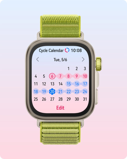 The HUAWEI Watch displays menstrual cycle-related data, showcasing the female menstrual cycle prediction research capabilities of HUAWEI Research