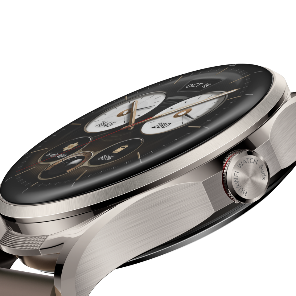 HUAWEI WATCH Buds 2 watch case close-up picture, show the aerospace-grade titanium alloy material