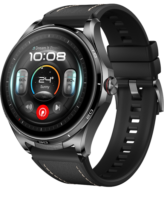 HUAWEI WATCH Buds 2 front and side views, show the black and brown colors