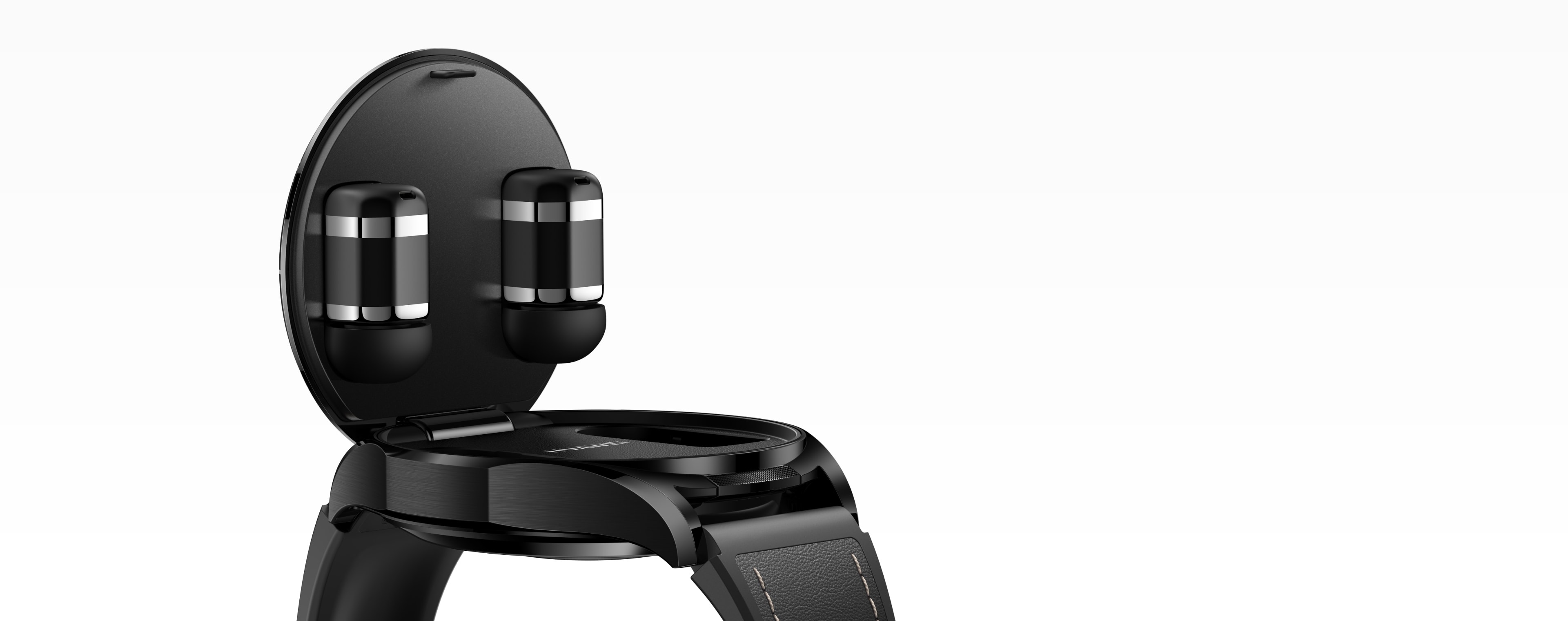 HUAWEI WATCH Buds 2 earbuds in the watch charging case, show the left-and-right adaptive identification feature of the earbuds 