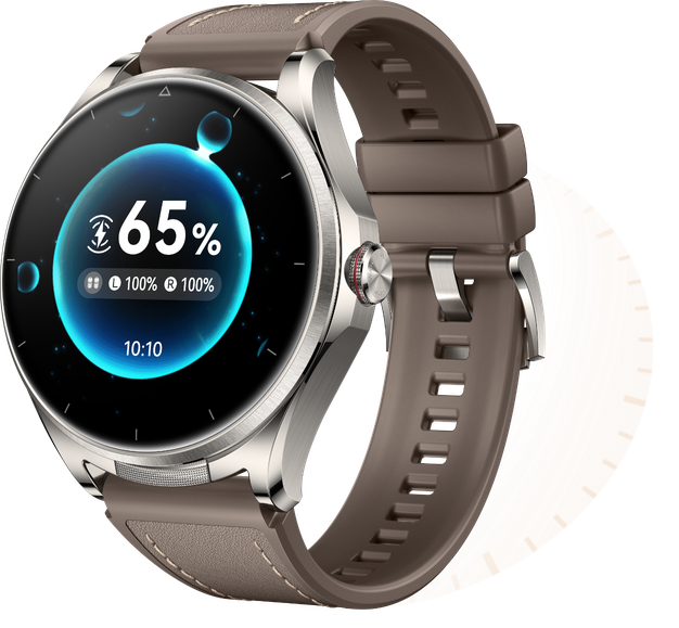 HUAWEI WATCH Buds 2 side view with charging interface, show the battery life of watch and earbuds