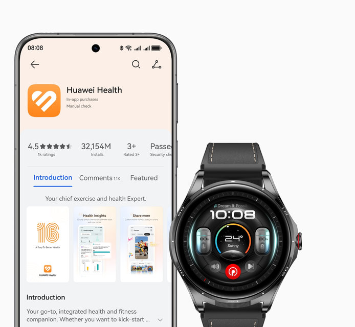 HUAWEI smartphone and HUAWEI WATCH Buds 2 front views, show the watch is compatible with both iOS and Android