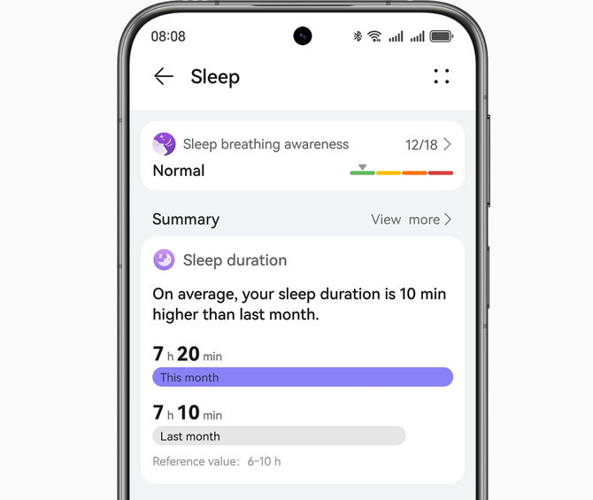 HUAWEI smartphone with sleep breathing awareness interface, show the sleep breathing analysis feature of HUAWEI WATCH Buds 2