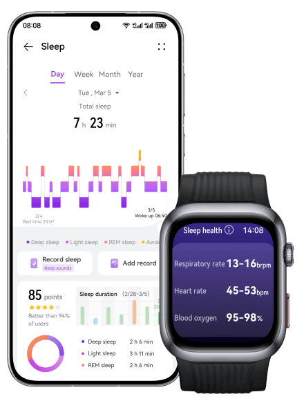 HUAWEI WATCH D2 and Huawei phone interface,showing the sleep monitoring feature