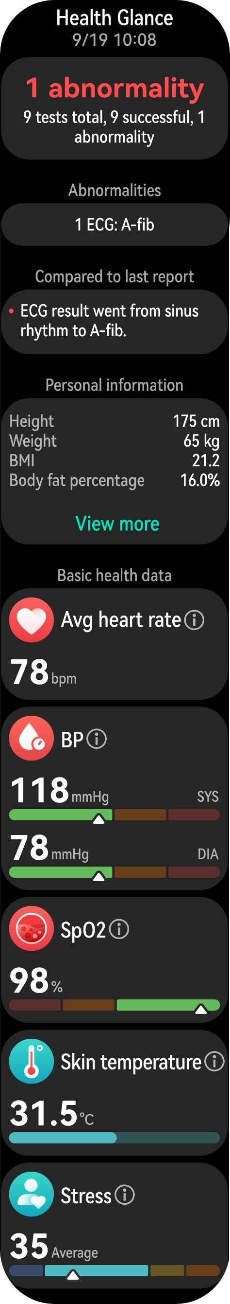 The watch's UI displays the health check results