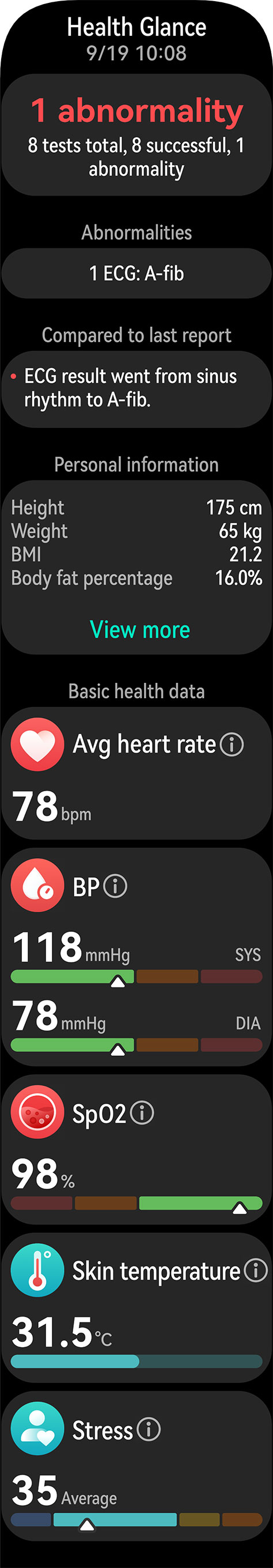 The watch's UI displays the health check results