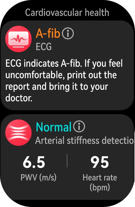 The watch's UI displays data related to cardiovascular health